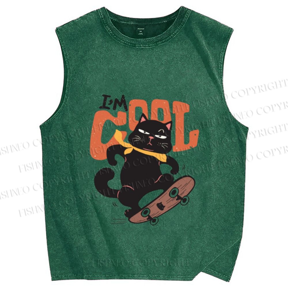 Unisex I’m Cool Skateboarding Black Cat Printed Washed Tank Top