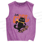 Unisex I’m Cool Skateboarding Black Cat Printed Washed Tank Top