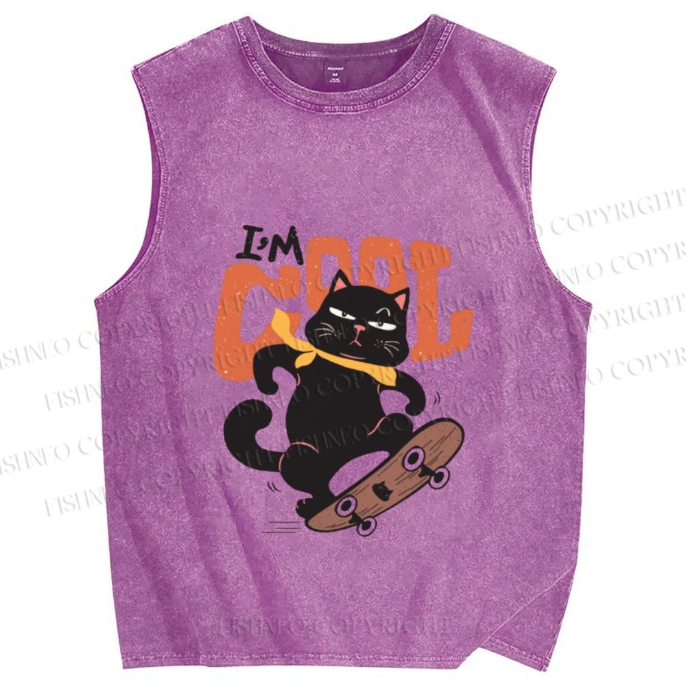 Unisex I’m Cool Skateboarding Black Cat Printed Washed Tank Top