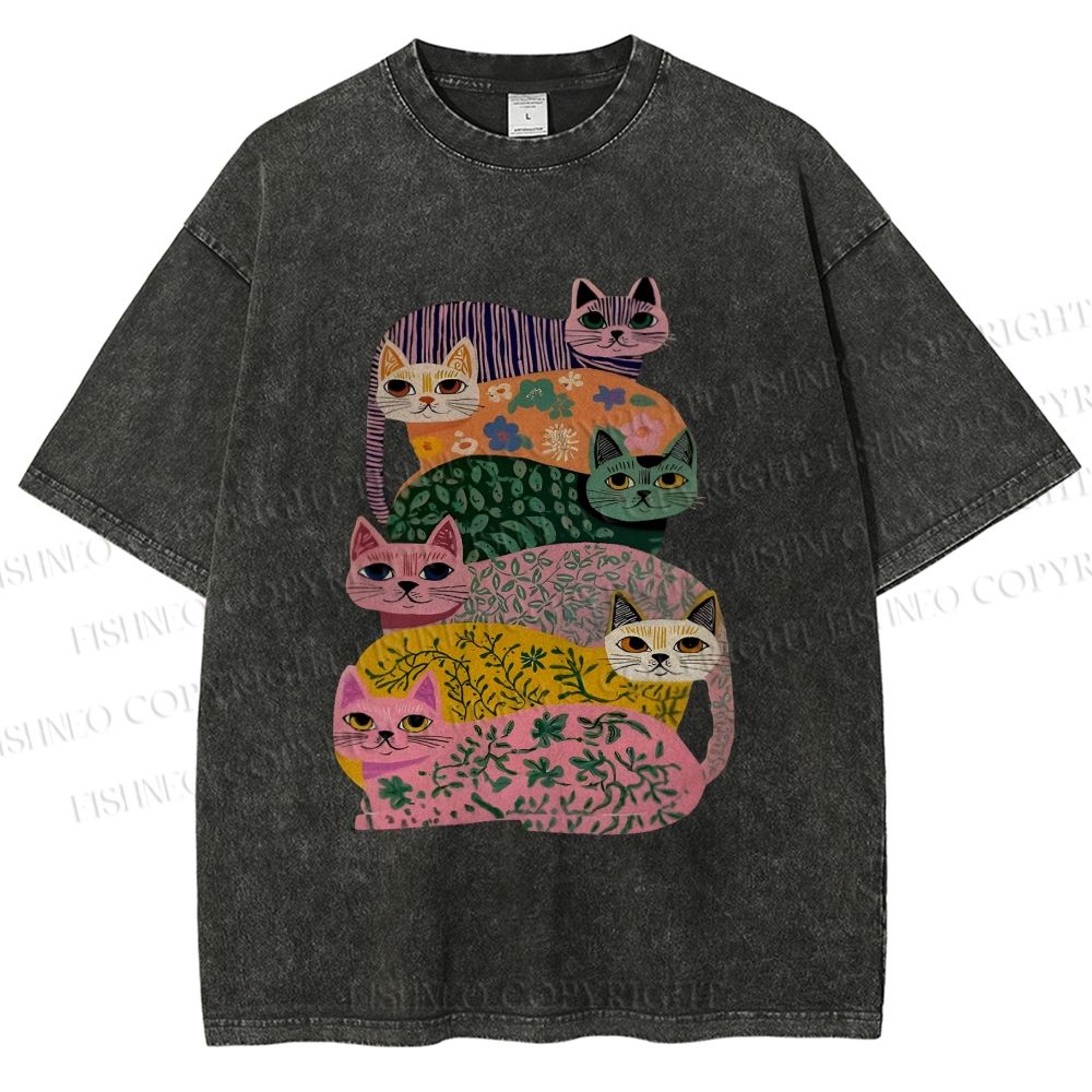 Unisex Floral Cats Printed Washed Tee