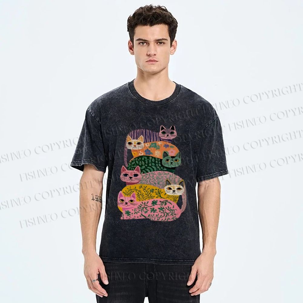 Unisex Floral Cats Printed Washed Tee