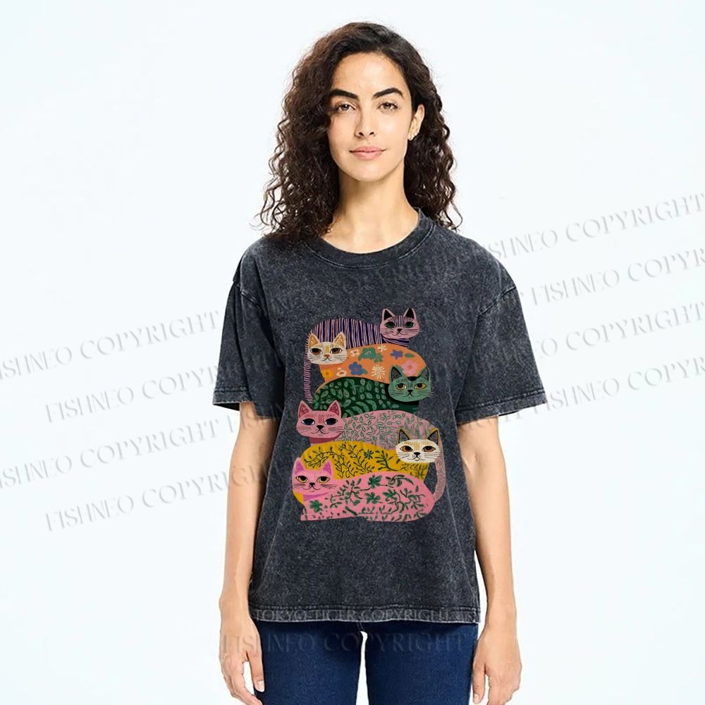 Unisex Floral Cats Printed Washed Tee