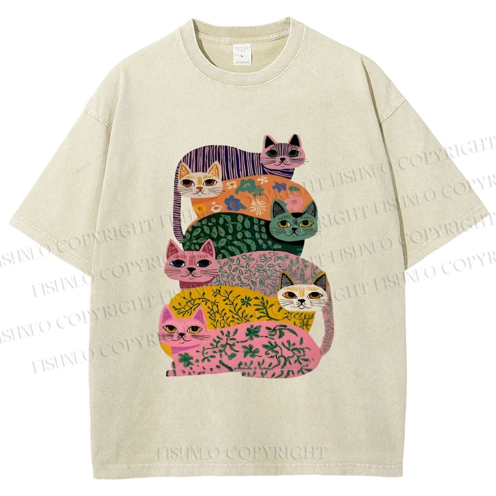 Unisex Floral Cats Printed Washed Tee