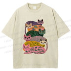 Unisex Floral Cats Printed Washed Tee