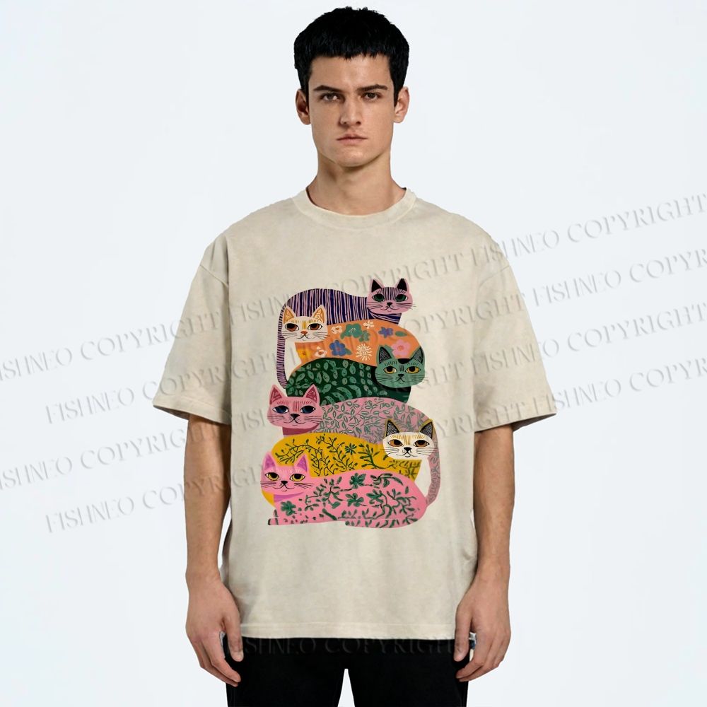 Unisex Floral Cats Printed Washed Tee