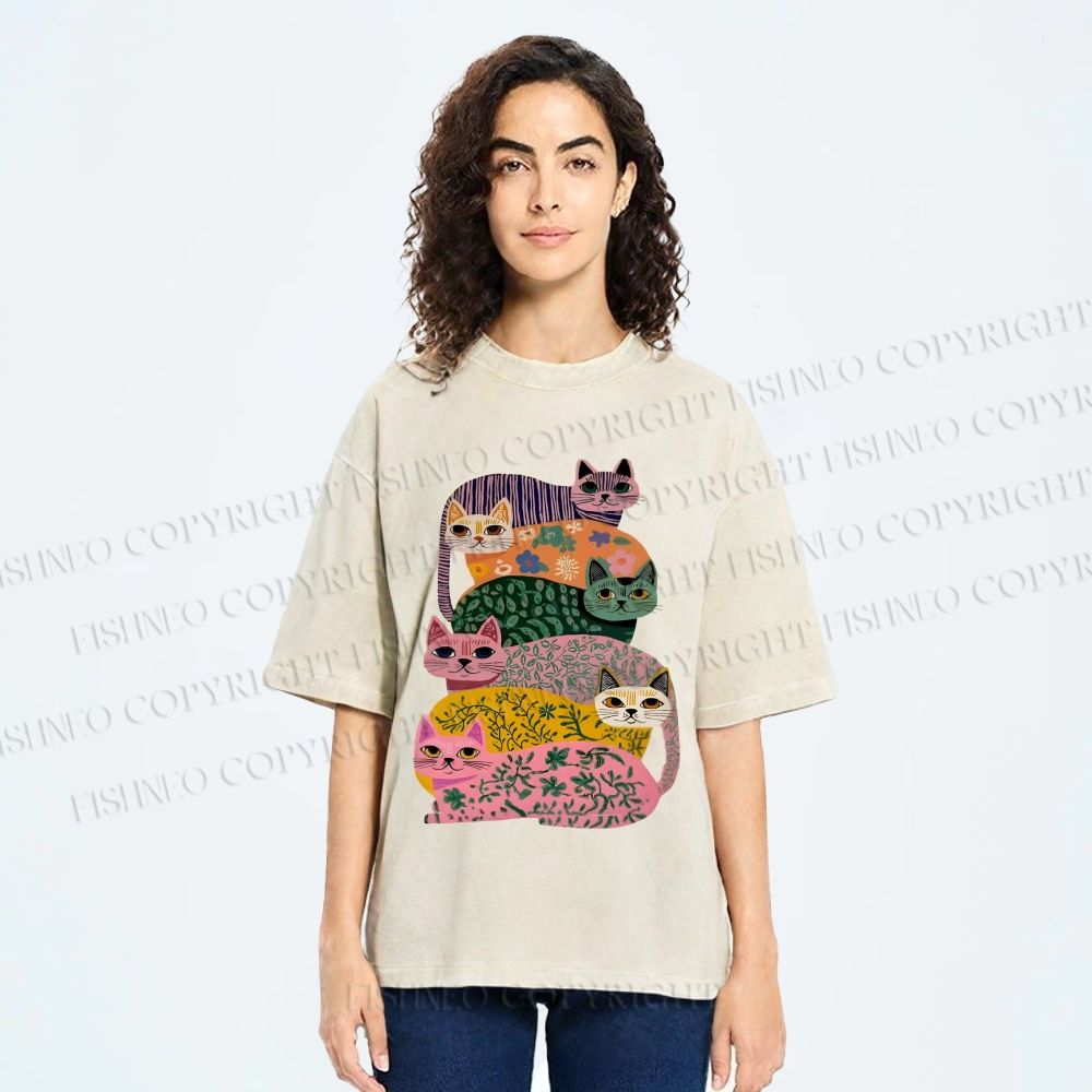 Unisex Floral Cats Printed Washed Tee
