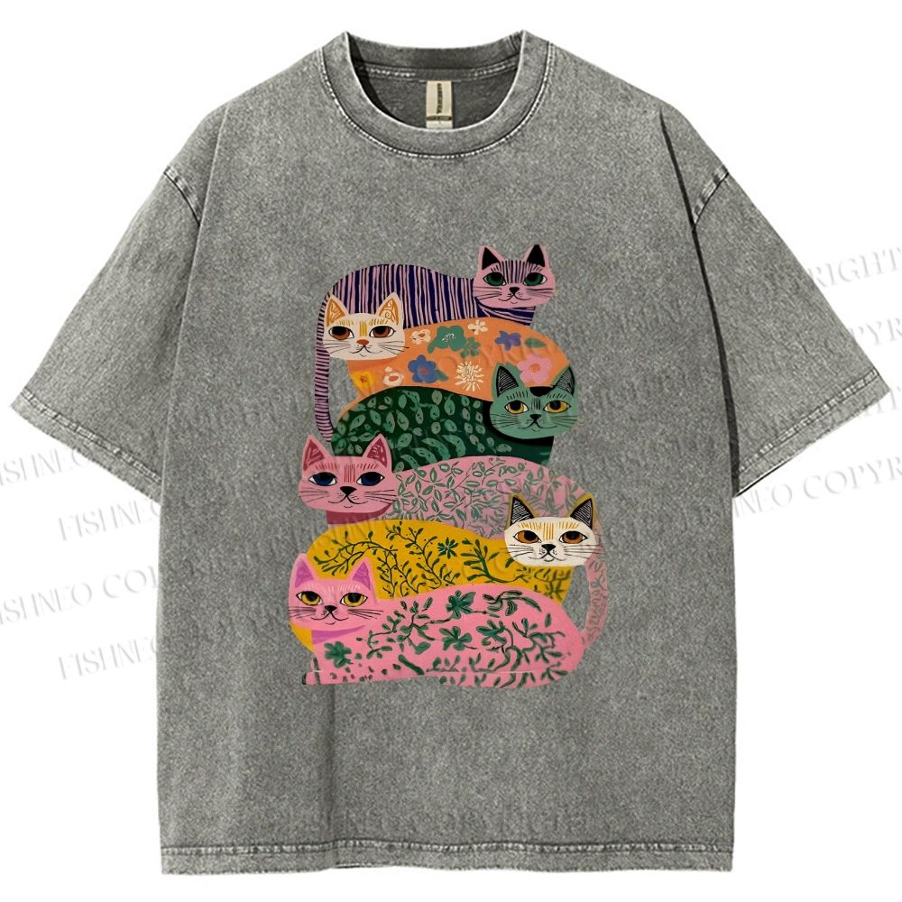 Unisex Floral Cats Printed Washed Tee