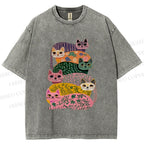 Unisex Floral Cats Printed Washed Tee