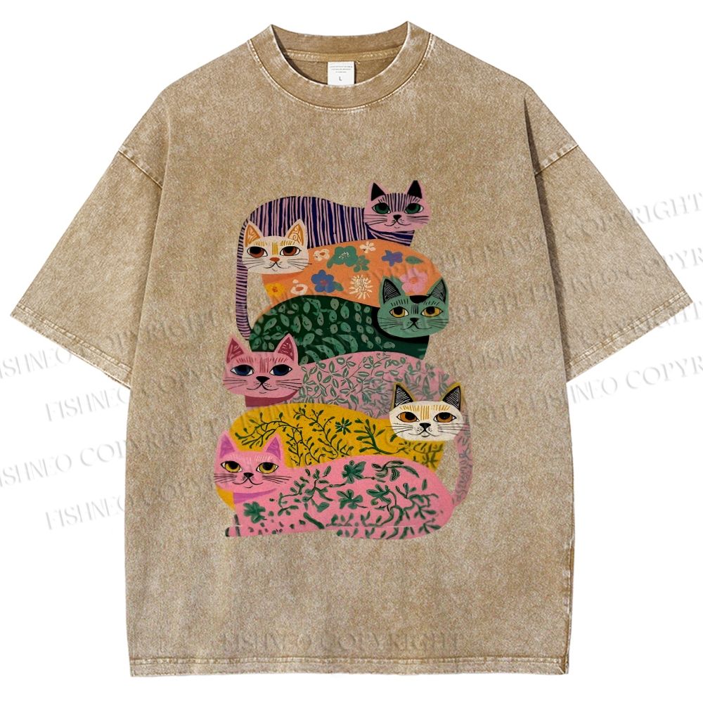Unisex Floral Cats Printed Washed Tee