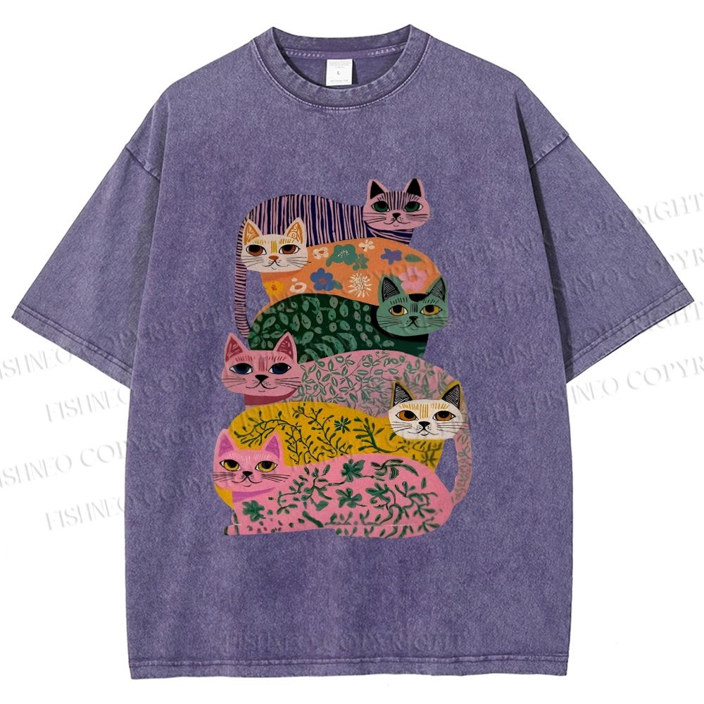 Unisex Floral Cats Printed Washed Tee