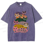 Unisex Floral Cats Printed Washed Tee