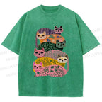 Unisex Floral Cats Printed Washed Tee