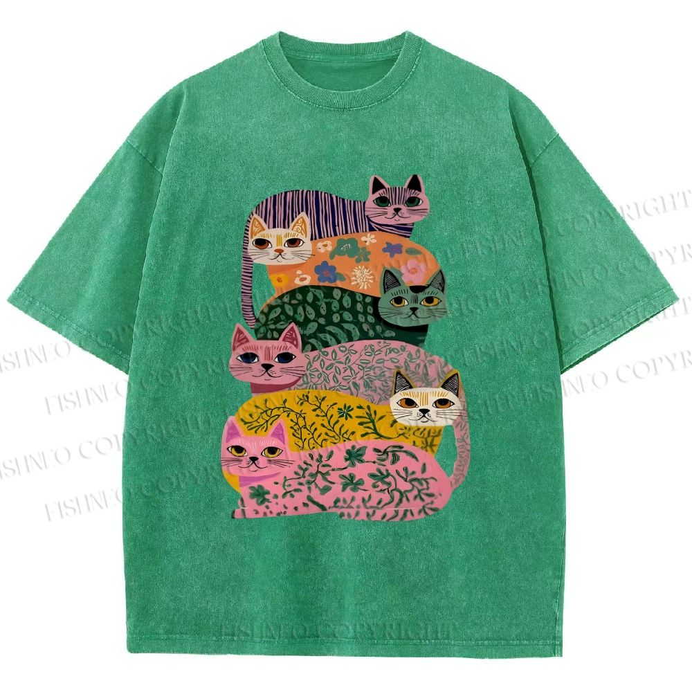 Unisex Floral Cats Printed Washed Tee