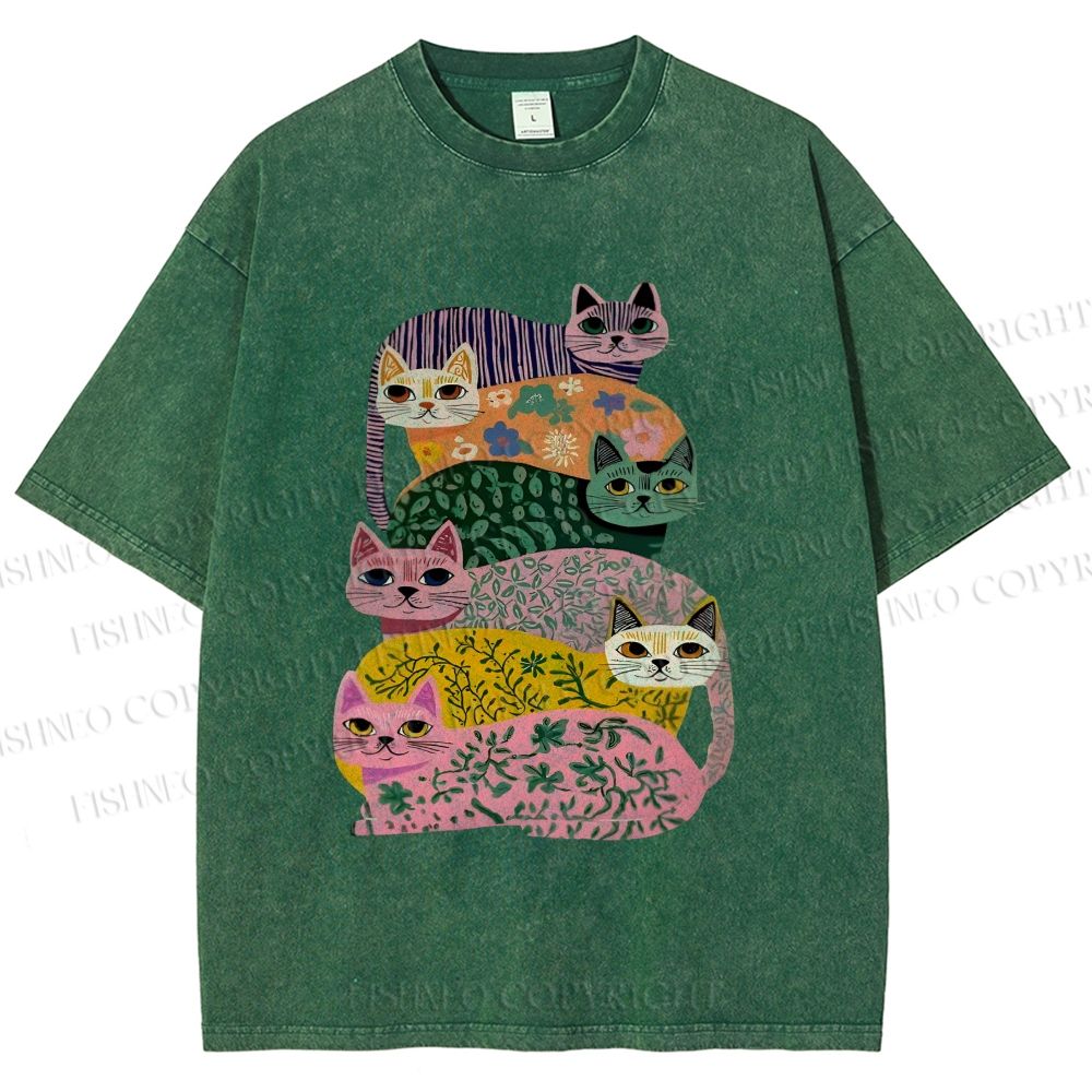 Unisex Floral Cats Printed Washed Tee