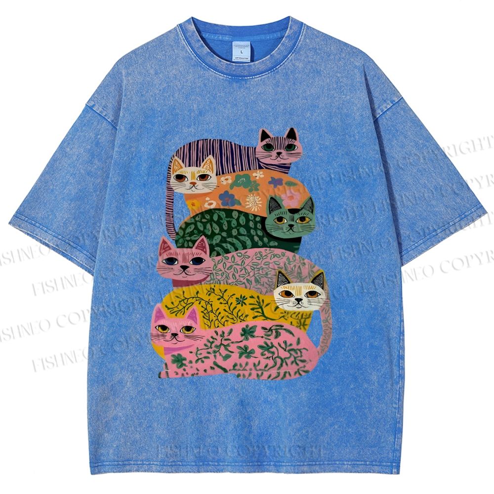 Unisex Floral Cats Printed Washed Tee