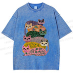 Unisex Floral Cats Printed Washed Tee