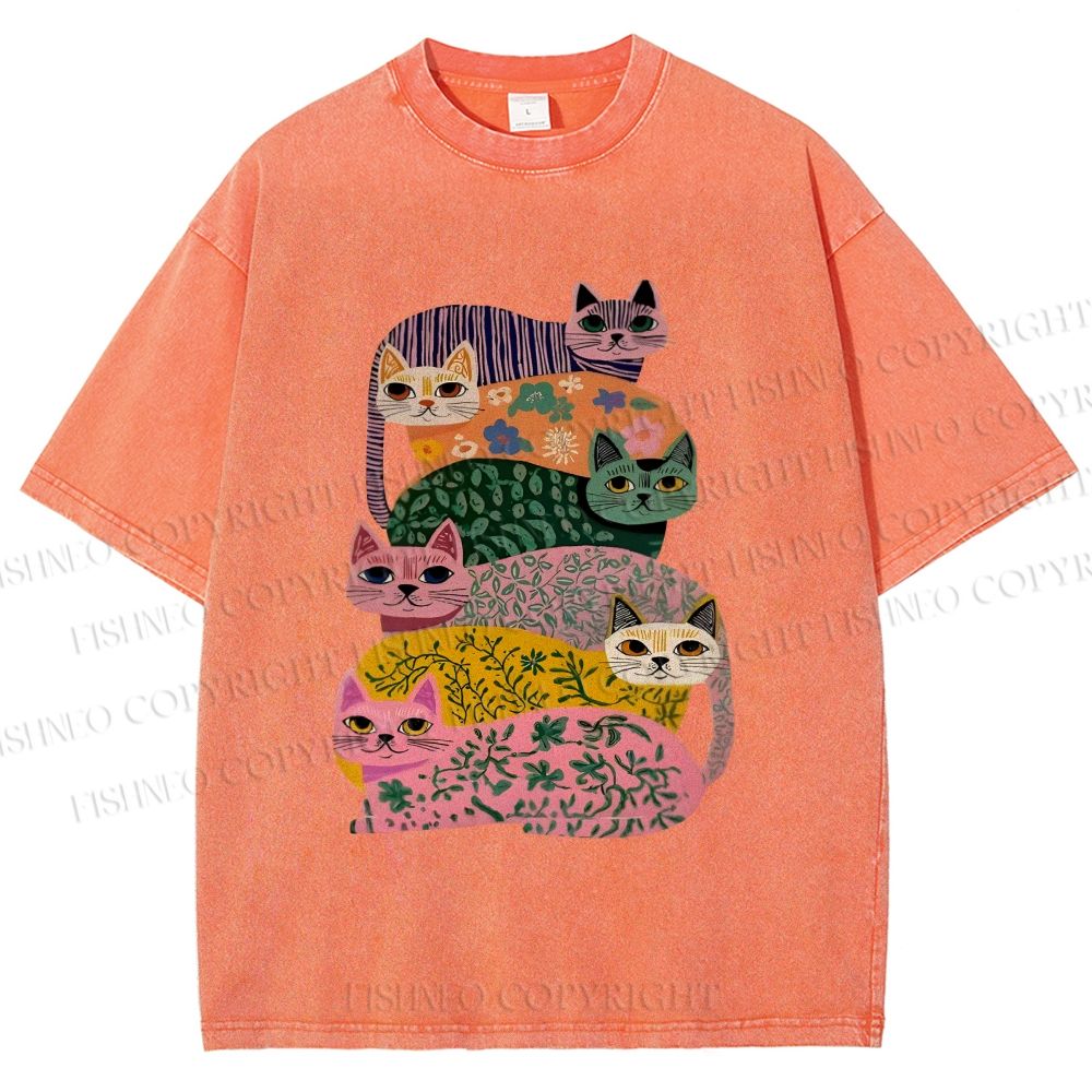 Unisex Floral Cats Printed Washed Tee