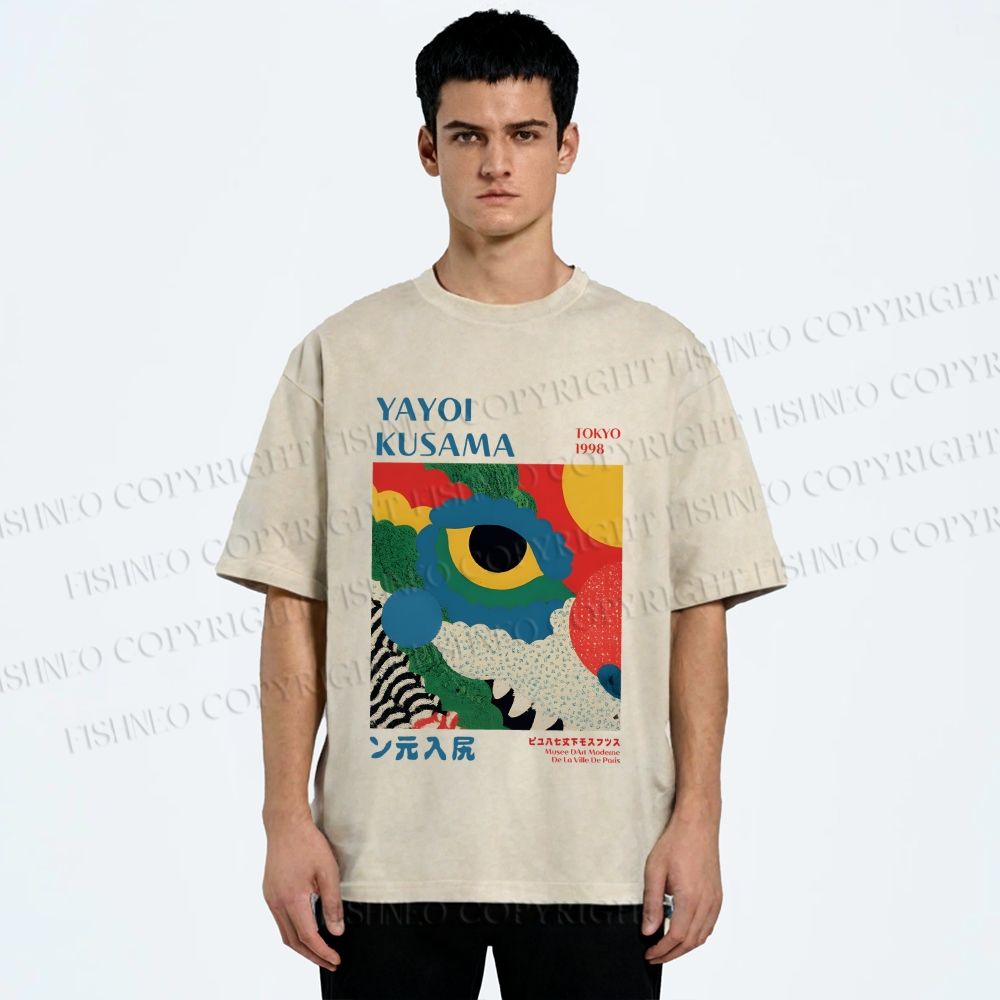 Unisex Yayoi Kusama Eye Graffiti Printed Washed Tee