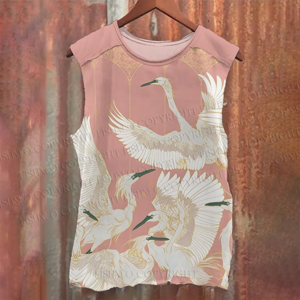 Unisex Casual Vintage Crane Printed Tank Top