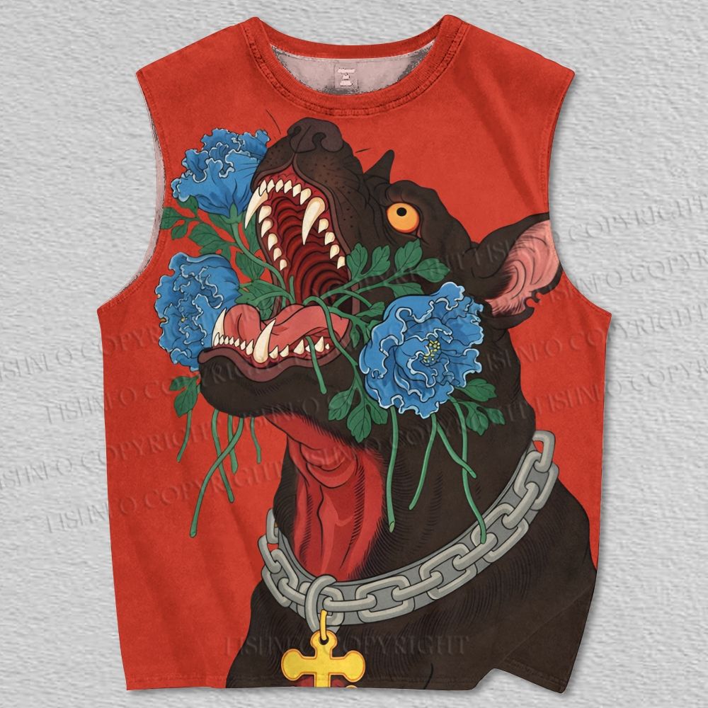 Unisex Dog With Blue Flowers Printed Tank Top