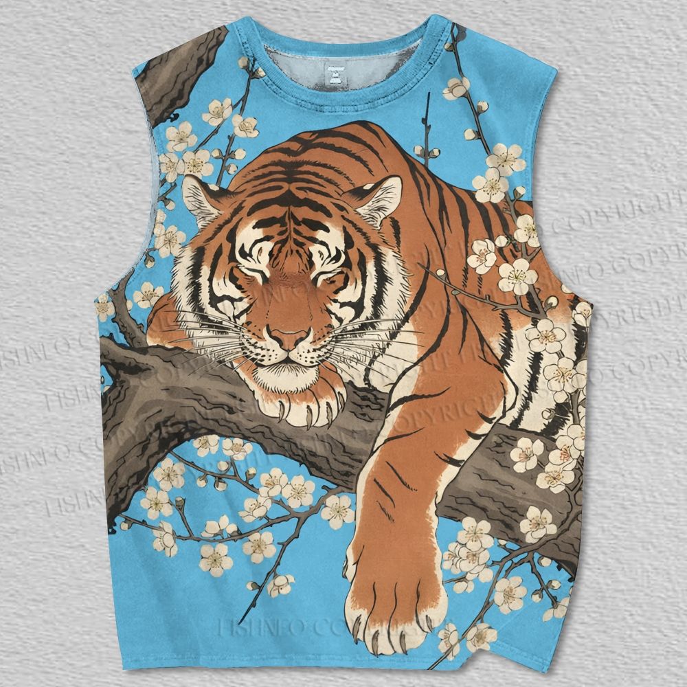 Unisex Sleepy Tiger on the Tree Printed Tank Top