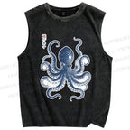 Unisex Vintage Octopus Printed Washed Tank Top