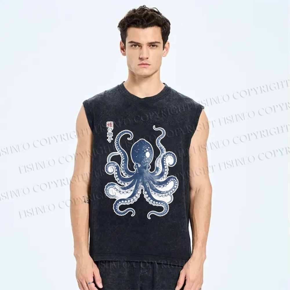 Unisex Vintage Octopus Printed Washed Tank Top