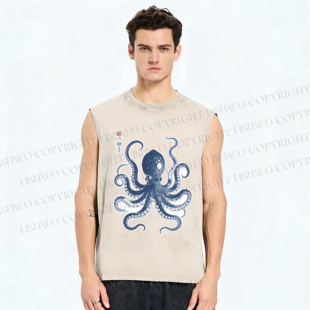 Unisex Vintage Octopus Printed Washed Tank Top