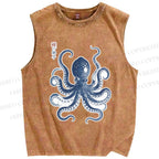 Unisex Vintage Octopus Printed Washed Tank Top