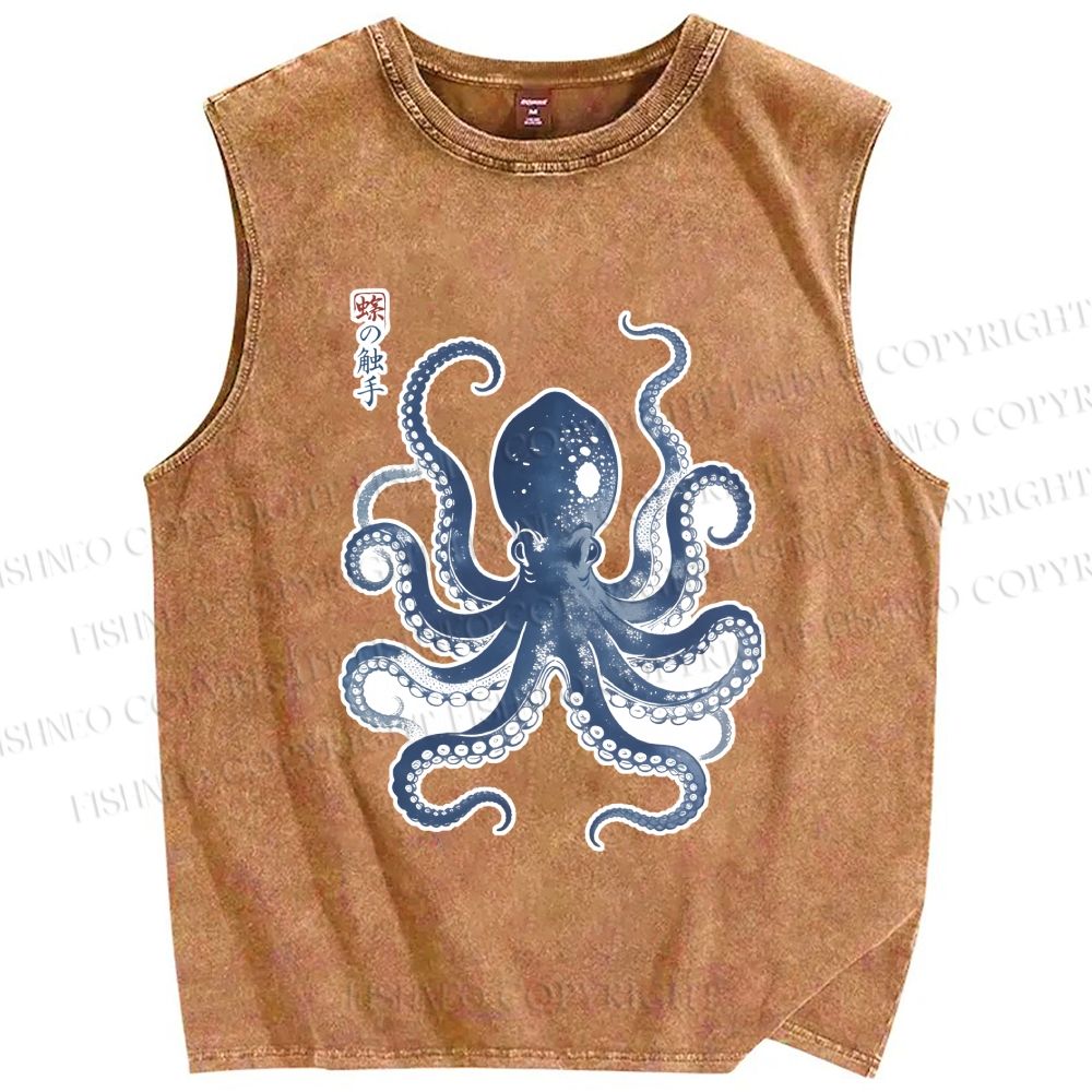 Unisex Vintage Octopus Printed Washed Tank Top