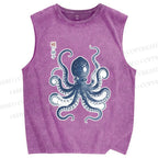 Unisex Vintage Octopus Printed Washed Tank Top