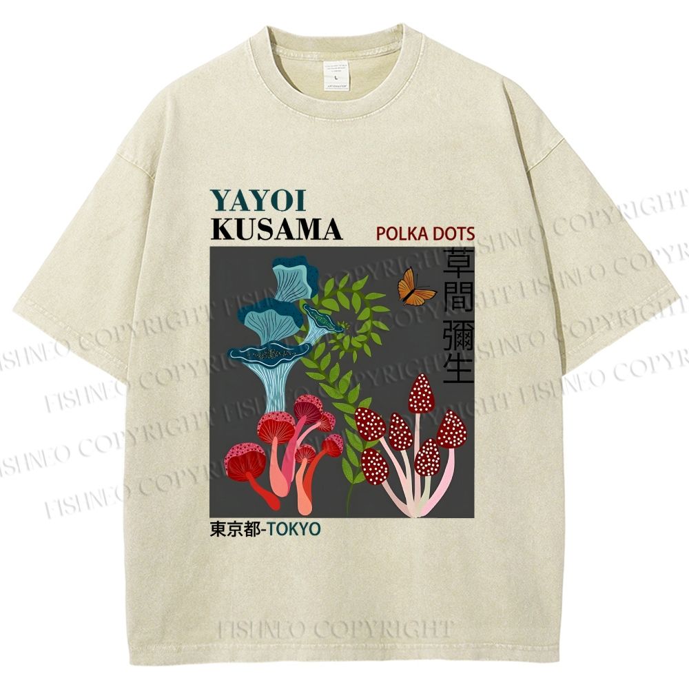 Unisex Yayoi Kusama Mushroom Plants Printed Washed Tee
