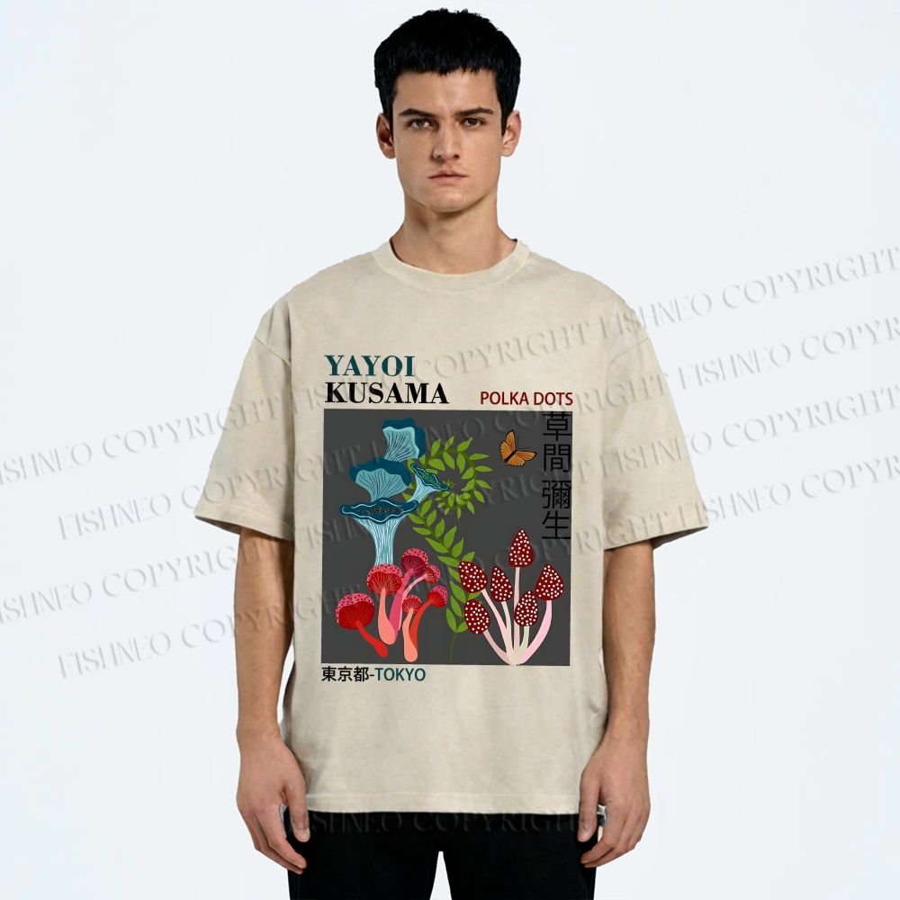Unisex Yayoi Kusama Mushroom Plants Printed Washed Tee