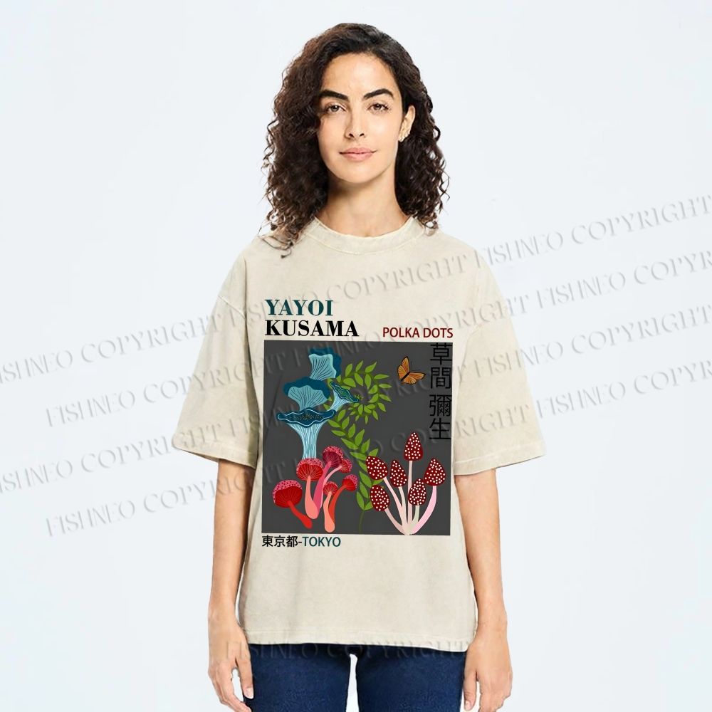 Unisex Yayoi Kusama Mushroom Plants Printed Washed Tee
