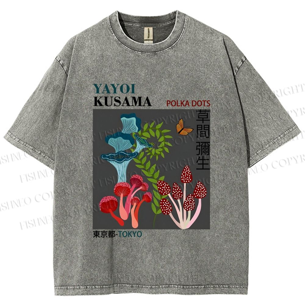 Unisex Yayoi Kusama Mushroom Plants Printed Washed Tee