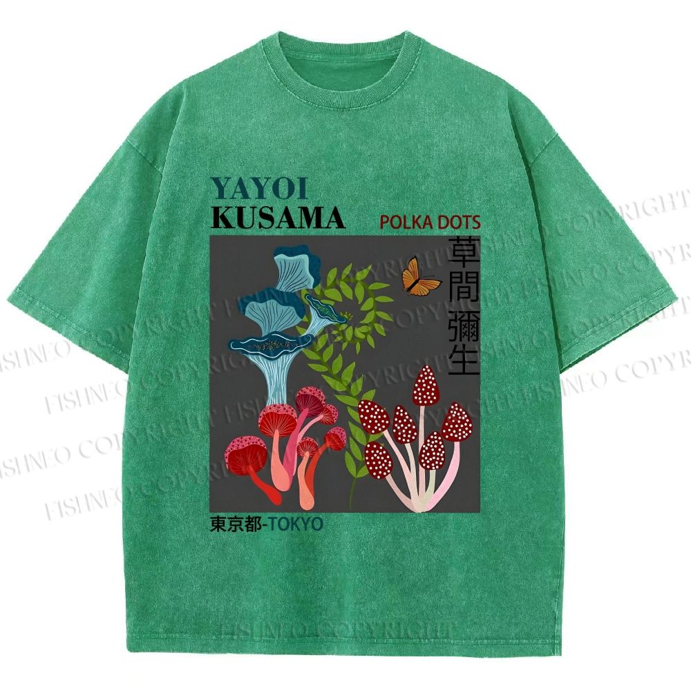 Unisex Yayoi Kusama Mushroom Plants Printed Washed Tee