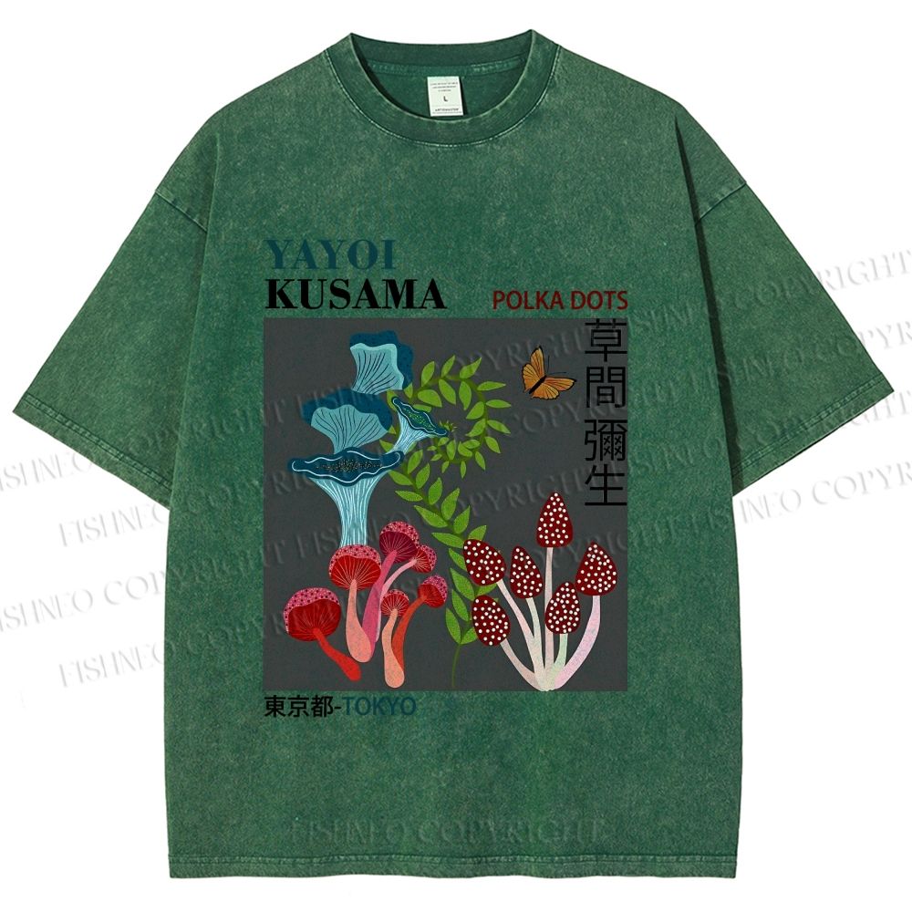 Unisex Yayoi Kusama Mushroom Plants Printed Washed Tee
