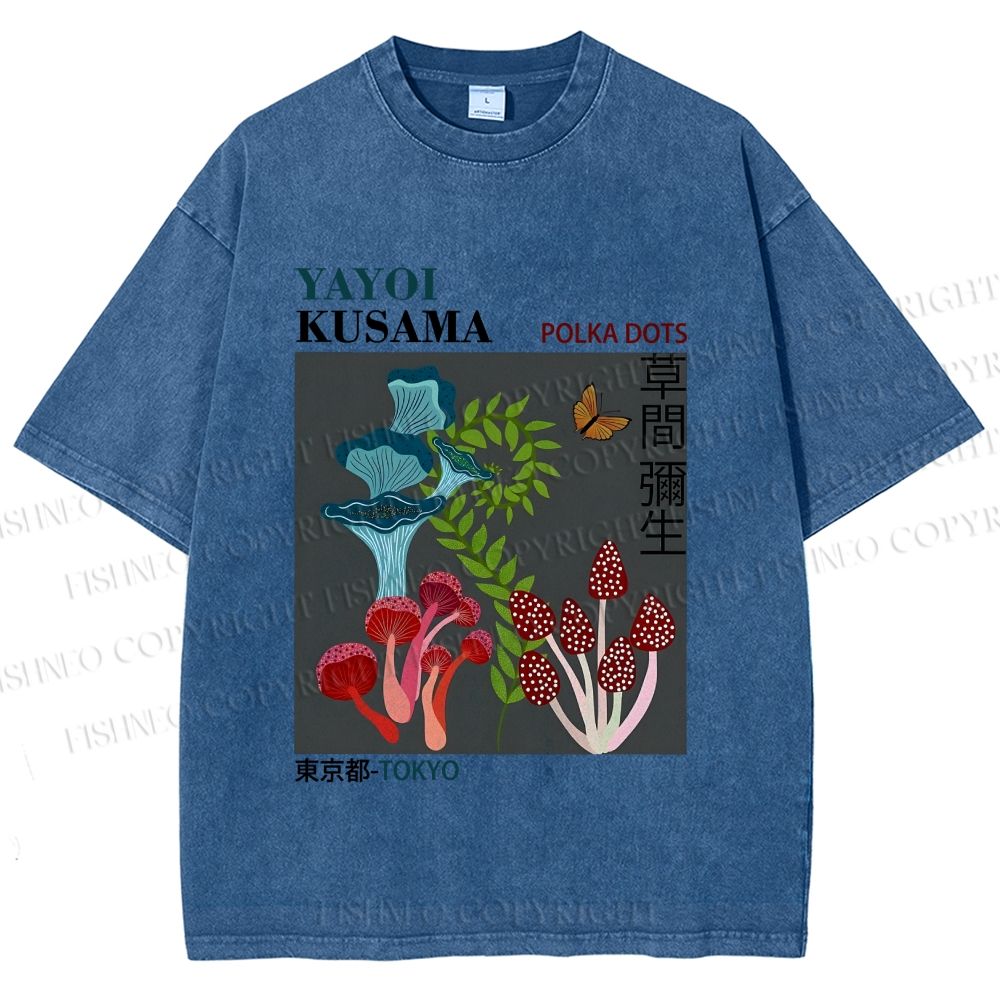 Unisex Yayoi Kusama Mushroom Plants Printed Washed Tee