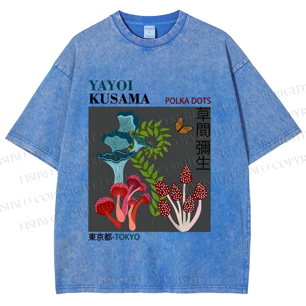 Unisex Yayoi Kusama Mushroom Plants Printed Washed Tee