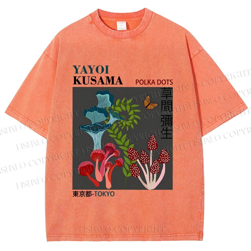 Unisex Yayoi Kusama Mushroom Plants Printed Washed Tee