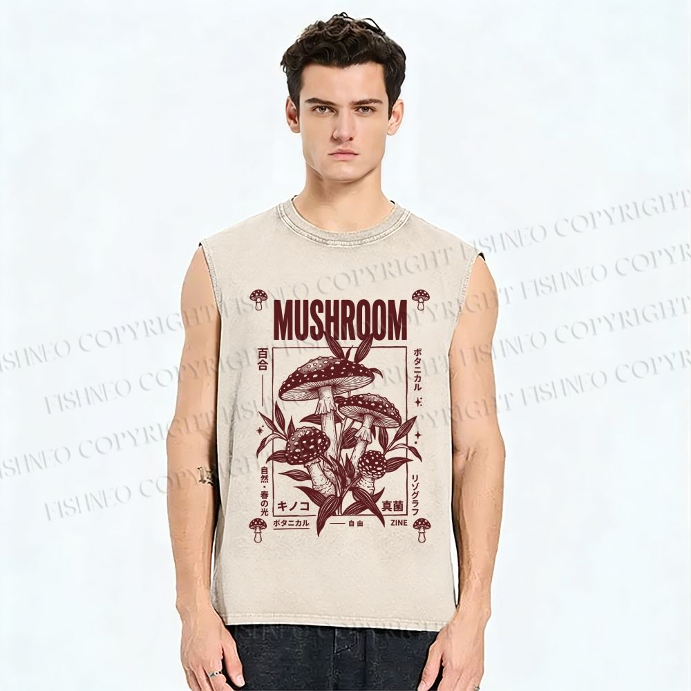Unisex Mushroom Printed Washed Tank Top