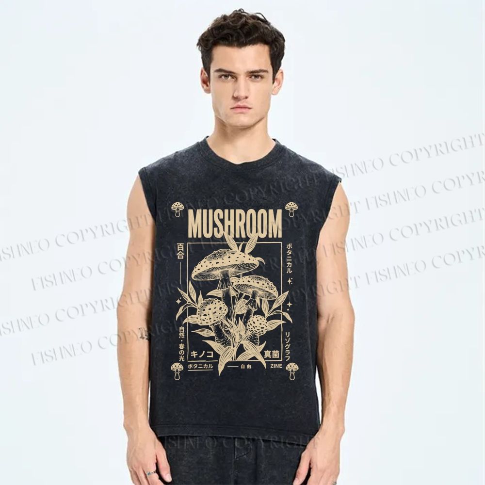 Unisex Mushroom Printed Washed Tank Top
