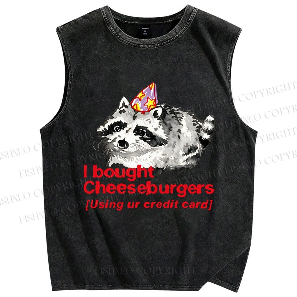 Unisex Funny Raccoon Cheeseburgers Printed Washed Tank Top