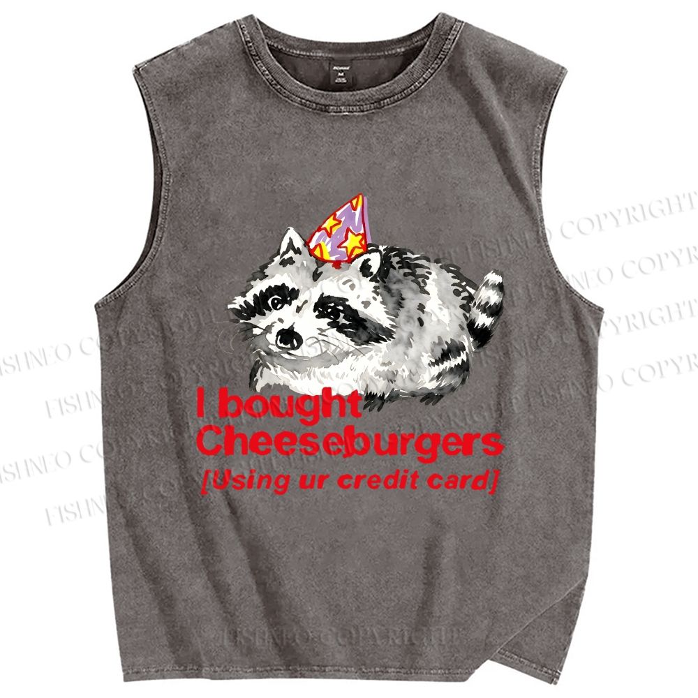 Unisex Funny Raccoon Cheeseburgers Printed Washed Tank Top