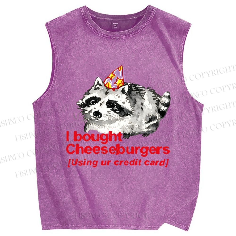 Unisex Funny Raccoon Cheeseburgers Printed Washed Tank Top