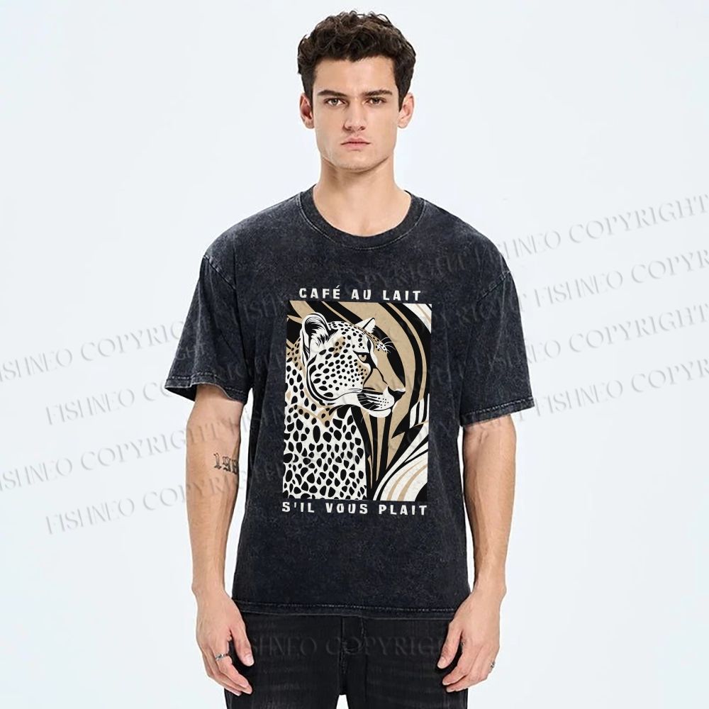 Unisex Milk Cafe Leopard Printed Washed Tee