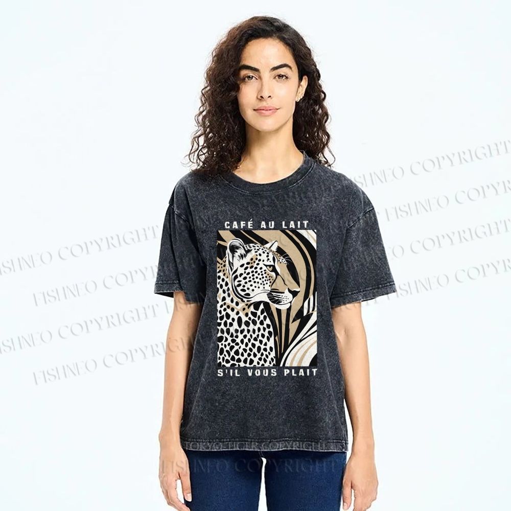 Unisex Milk Cafe Leopard Printed Washed Tee