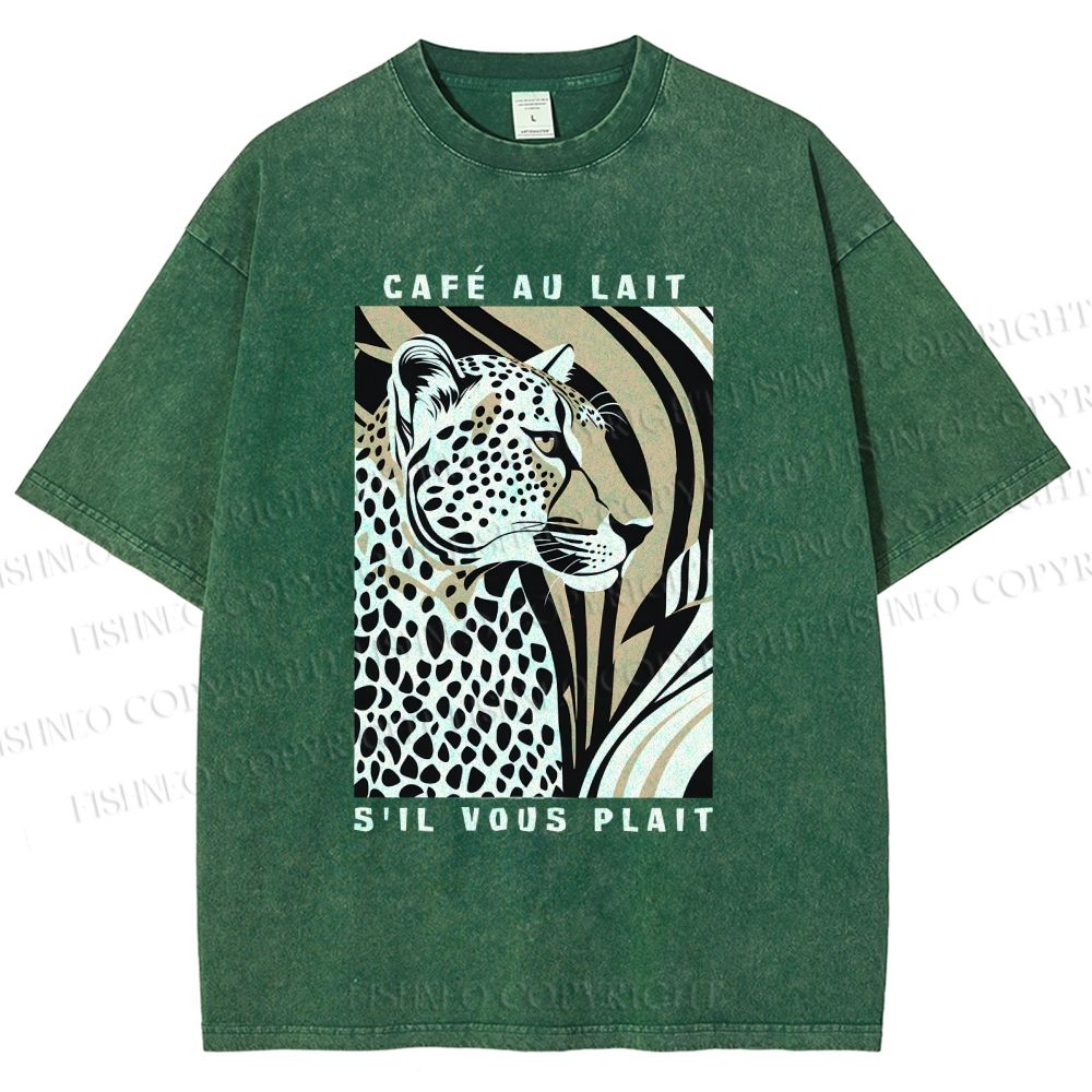 Unisex Milk Cafe Leopard Printed Washed Tee
