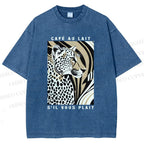 Unisex Milk Cafe Leopard Printed Washed Tee