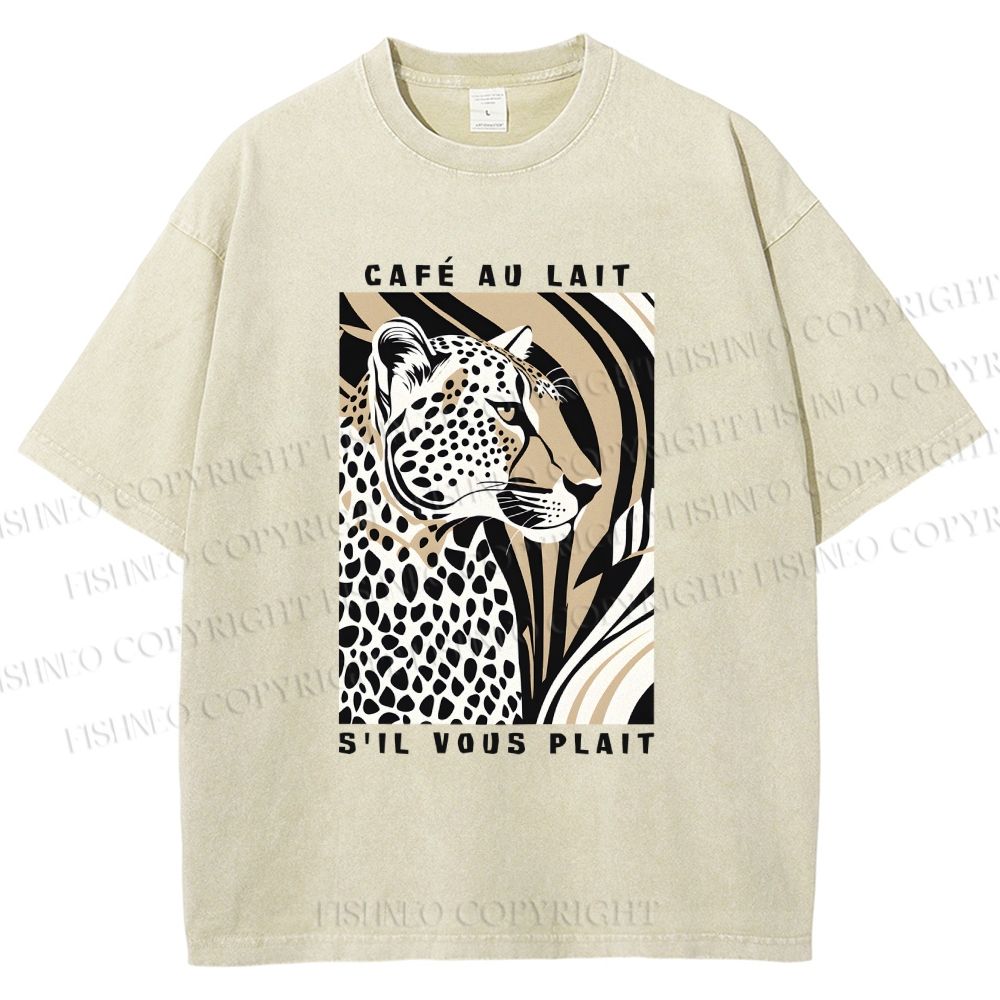 Unisex Milk Cafe Leopard Printed Washed Tee